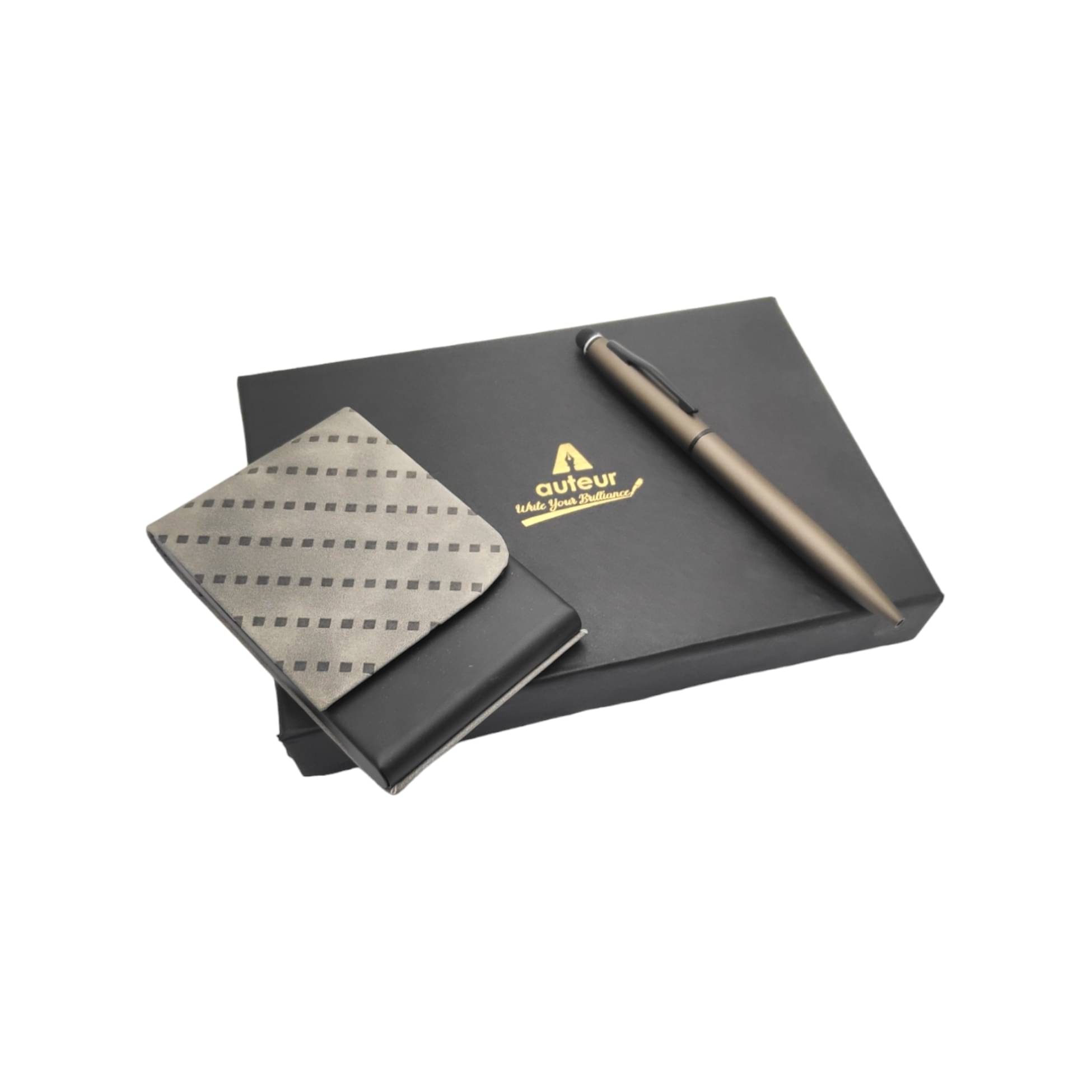     			Auteur Grey Colour RFID Safe Card Holder and Metal Body Ball Pen Gift Set - Elegant Corporate Gift | Stylish Pen with RFID Blocking Card Holder | Executive Business Gift Combo .