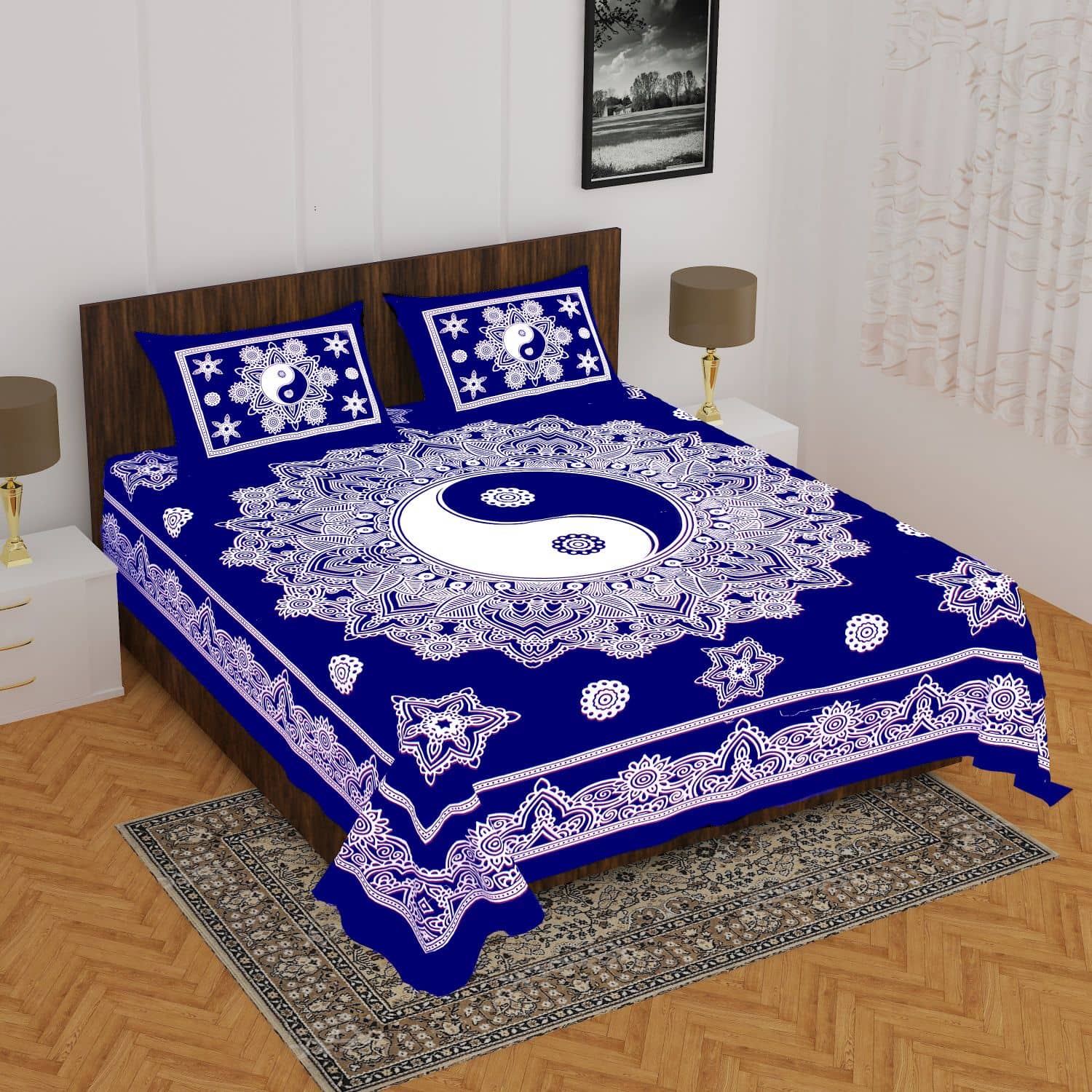 HOME Cotton Ethnic Double Bedsheet with 2 Pillow Covers - Blue