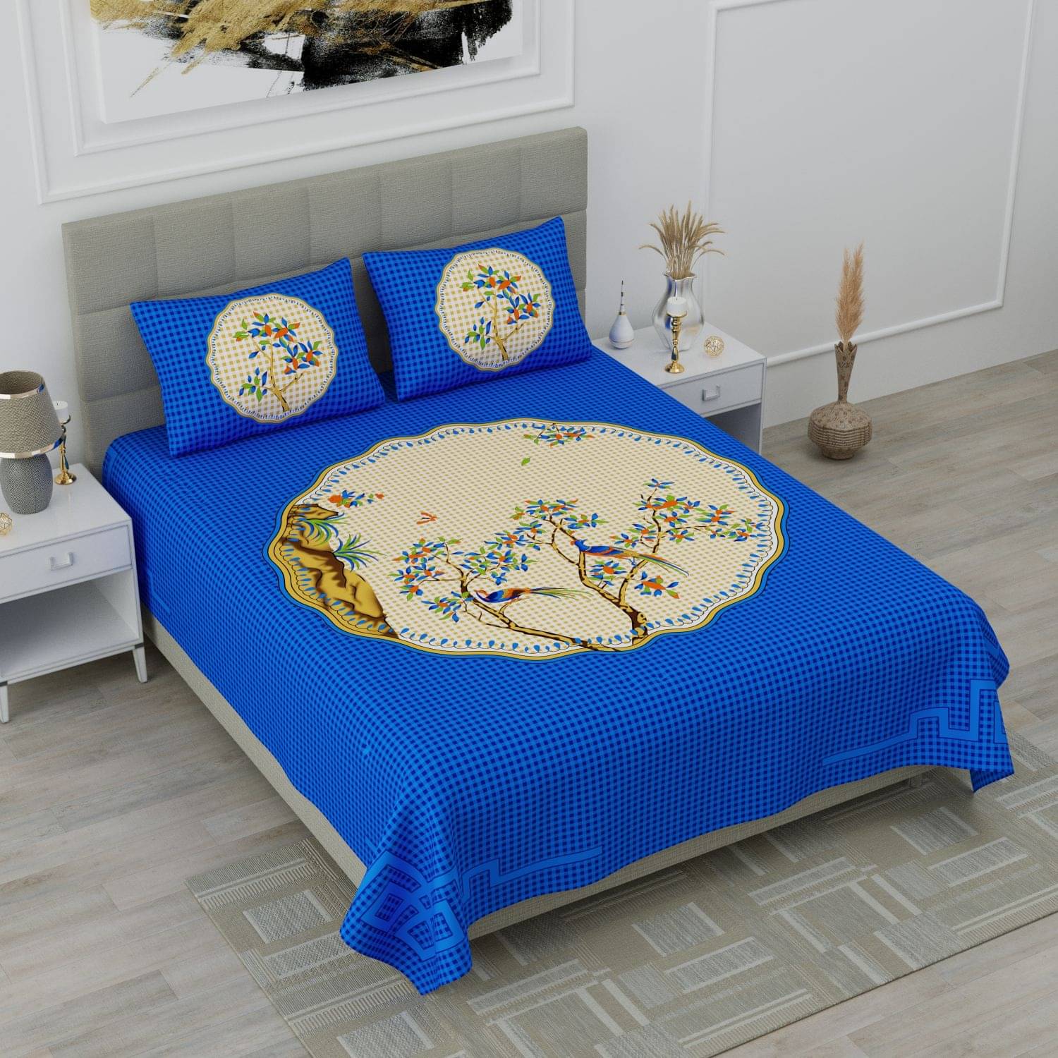     			HOME Cotton Double Bedsheet ( Blue )