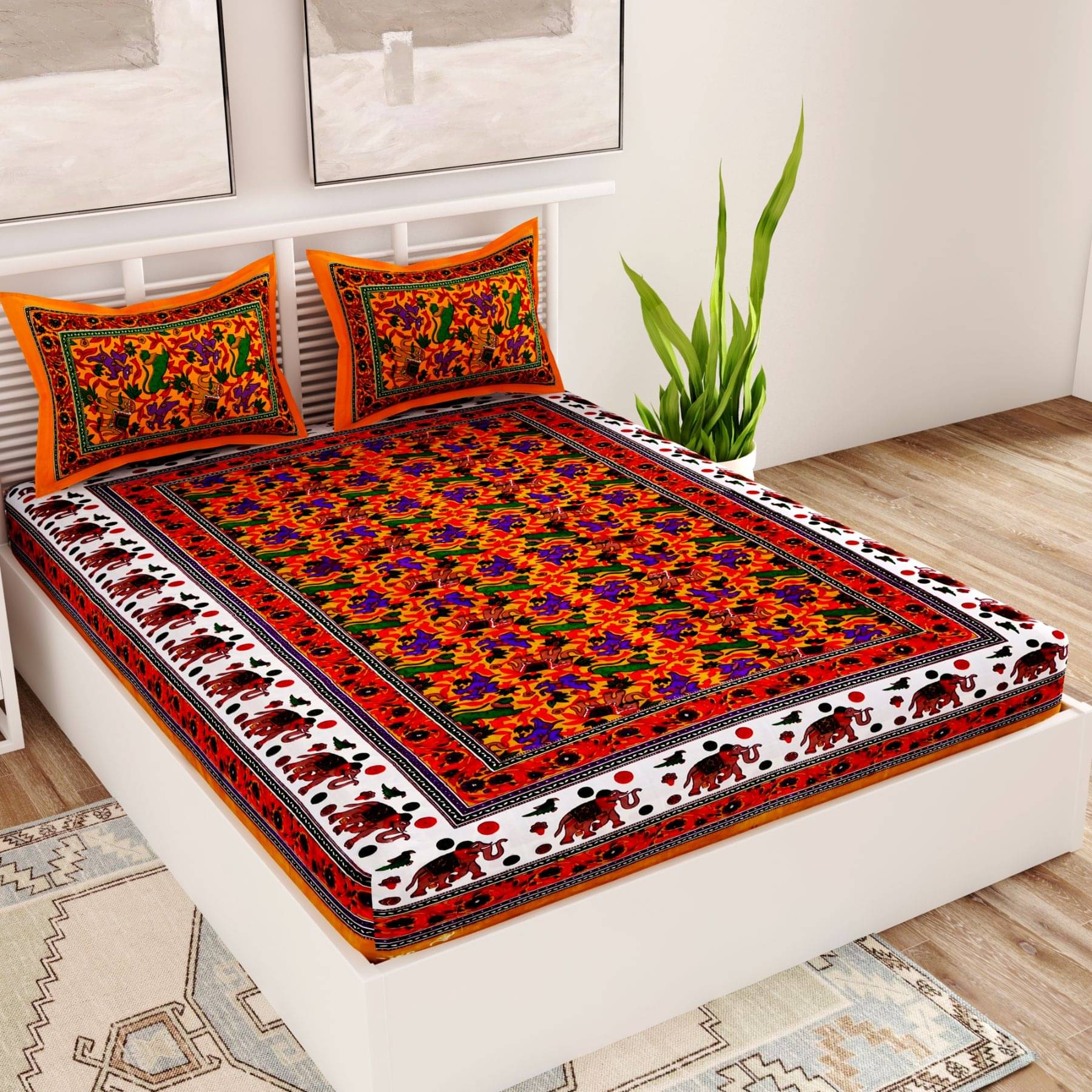     			Uniqchoice Cotton Ethnic Double Bedsheet with 2 Pillow Covers - Yellow