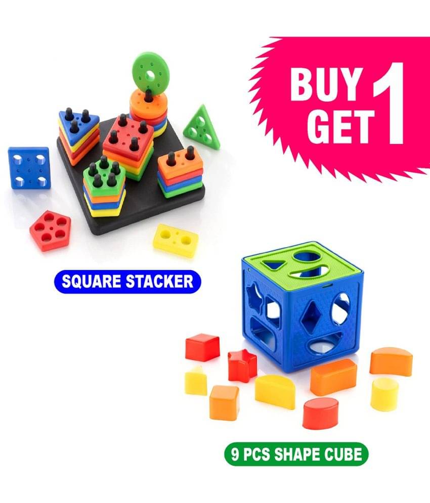     			RAINBOW RIDERS Buy 1 Get 1 Combo (Plastic Shape Sorter Cube Block 9 Pcs Toy +  Square Shape Stacker Puzzle Game) Multicolor Baby Activity Toys For Boys Girls 3,4,5,6+ years