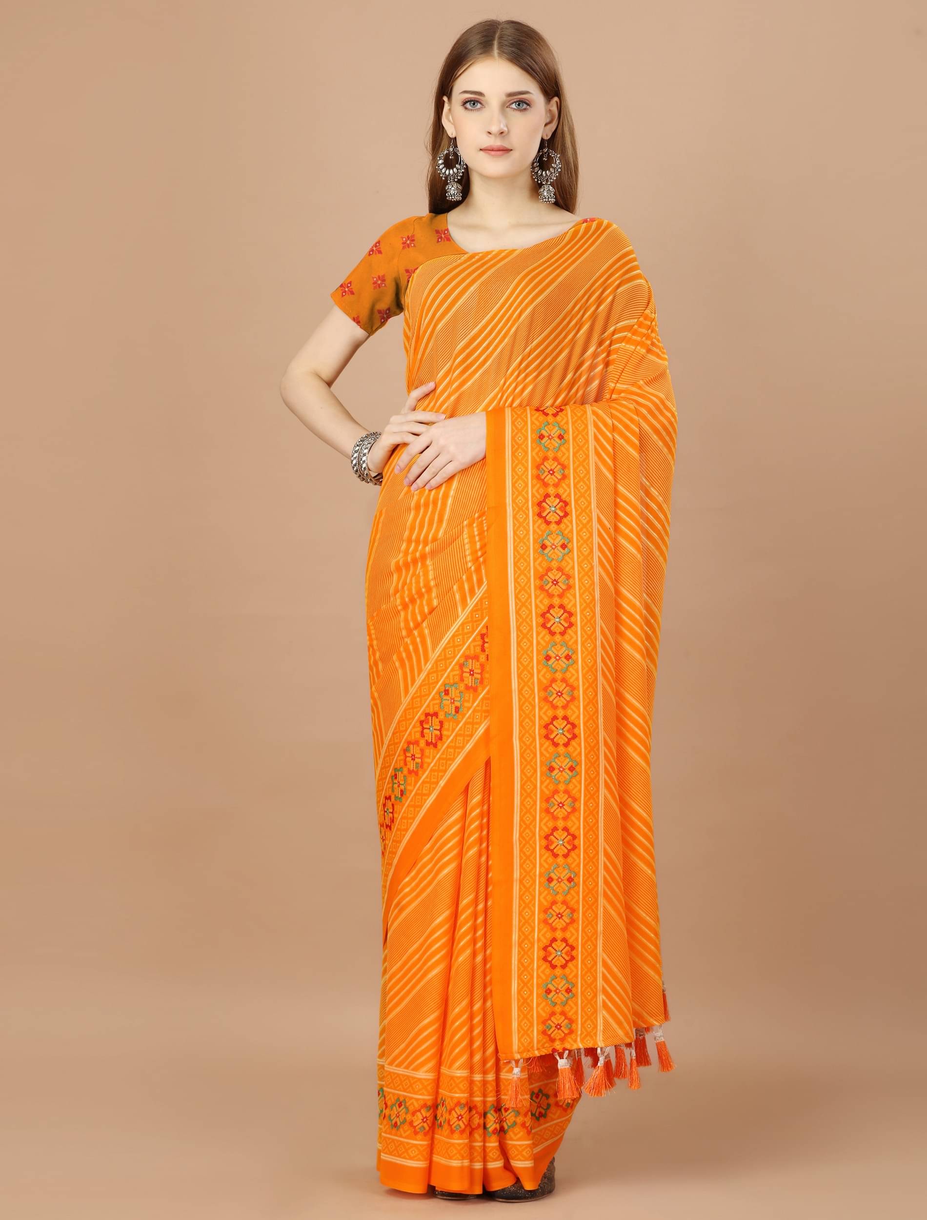     			Rekha Maniyar Georgette Striped Saree With Unstitched Blouse Piece ( Yellow )