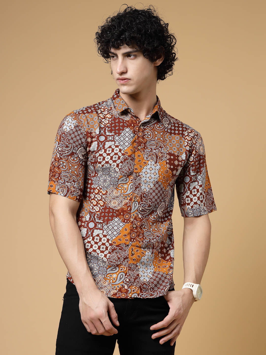 Rigo Rayon Slim Fit Printed Half Sleeves Men's Casual Shirt - Brown ( Pack of 1 )     			Rigo Rayon Slim Fit Printed Half Sleeves Men's Casual Shirt - Brown ( Pack of 1 )