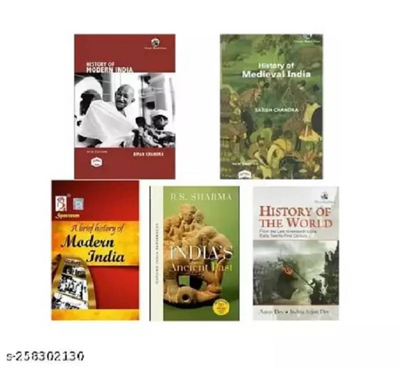     			Set of 5 Books - History of medieval India by Satish Chandra & History of Modern India by Bipin Chandra, India's ancient past by Rs Sharma, Spectrum by Rajiv Ahir and History of the World by Arjun Dev Five book set in English Medium