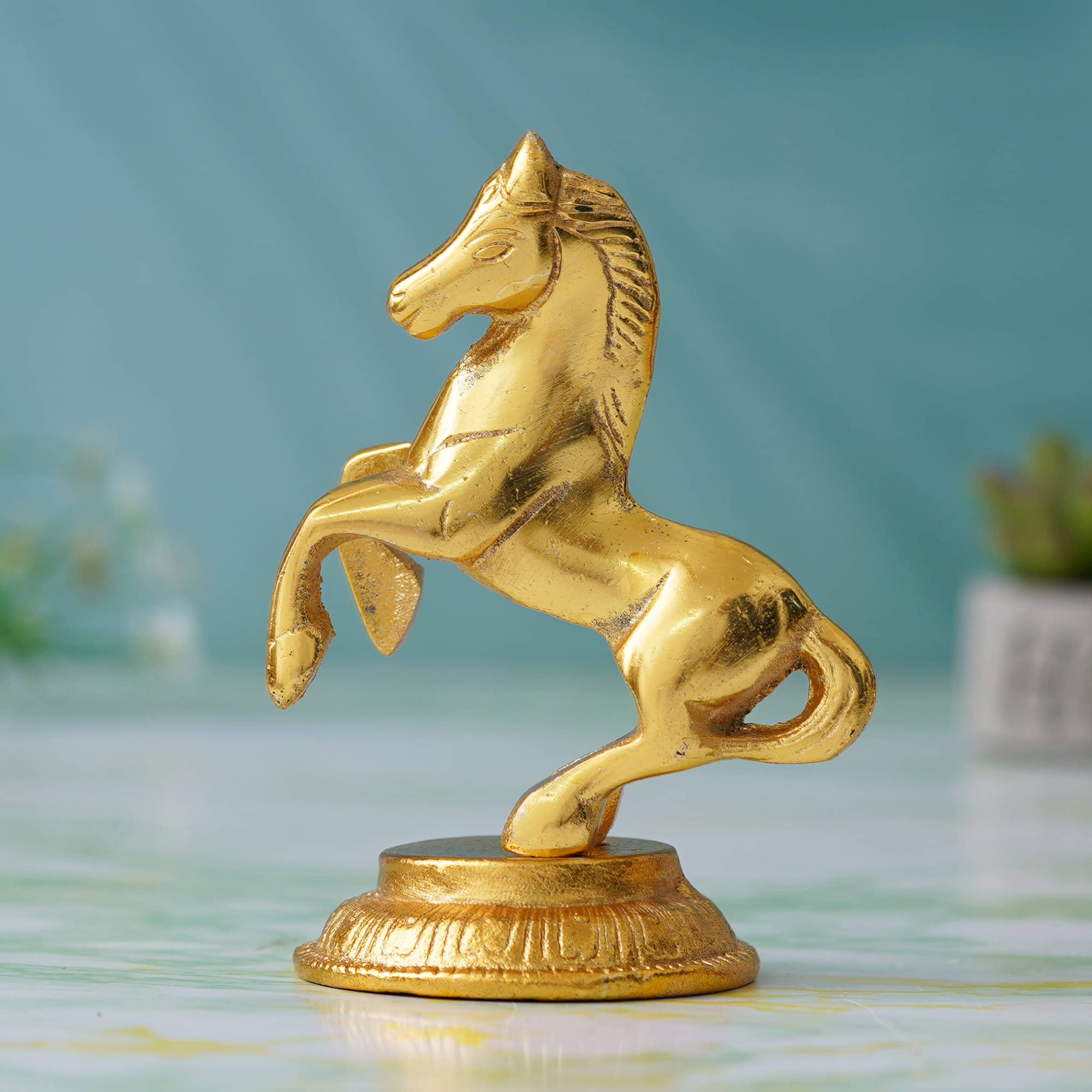     			eCraftIndia Golden Standing Horse Metal Statue