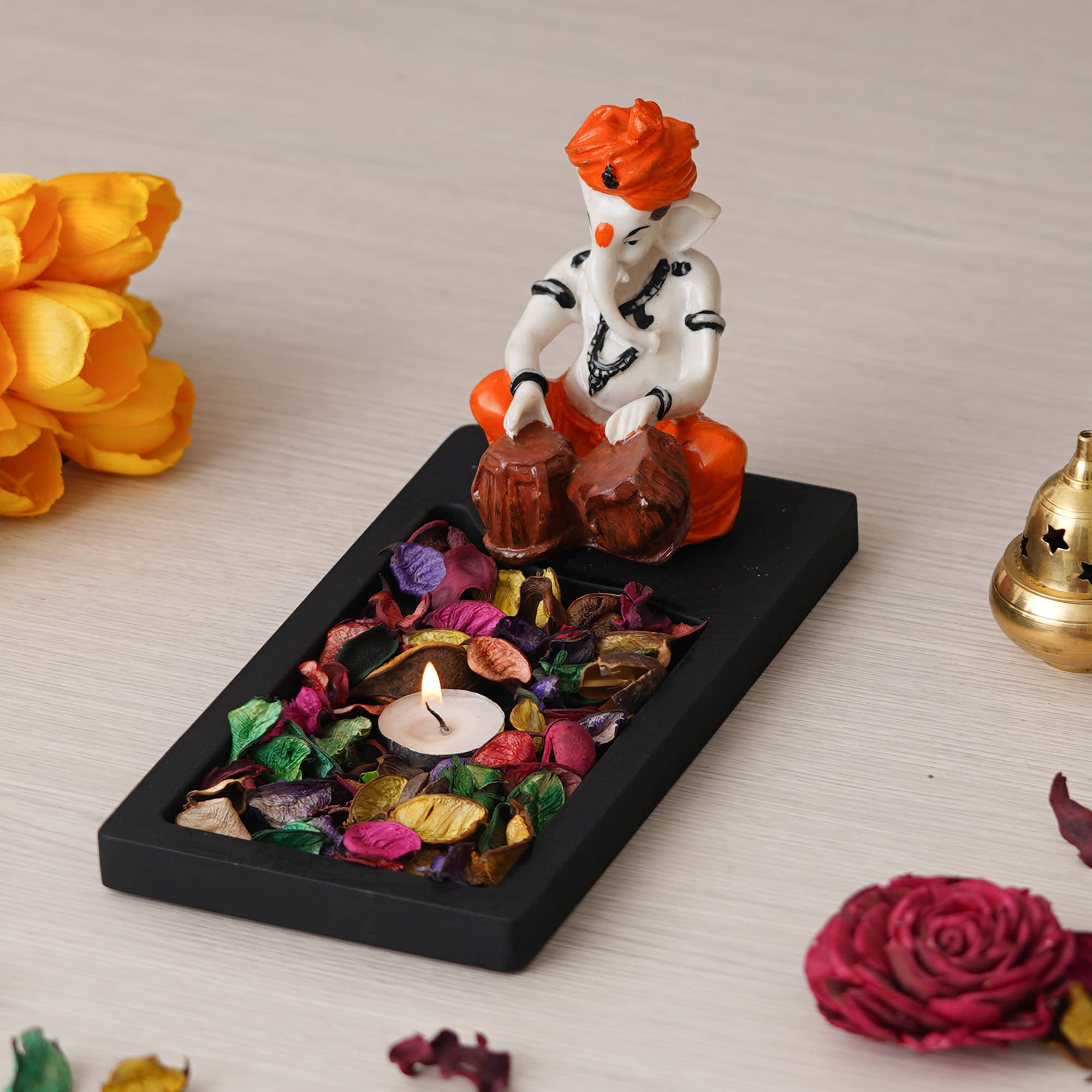     			eCraftIndia Black & Orange Idol Showpiece With Tea Light Holder