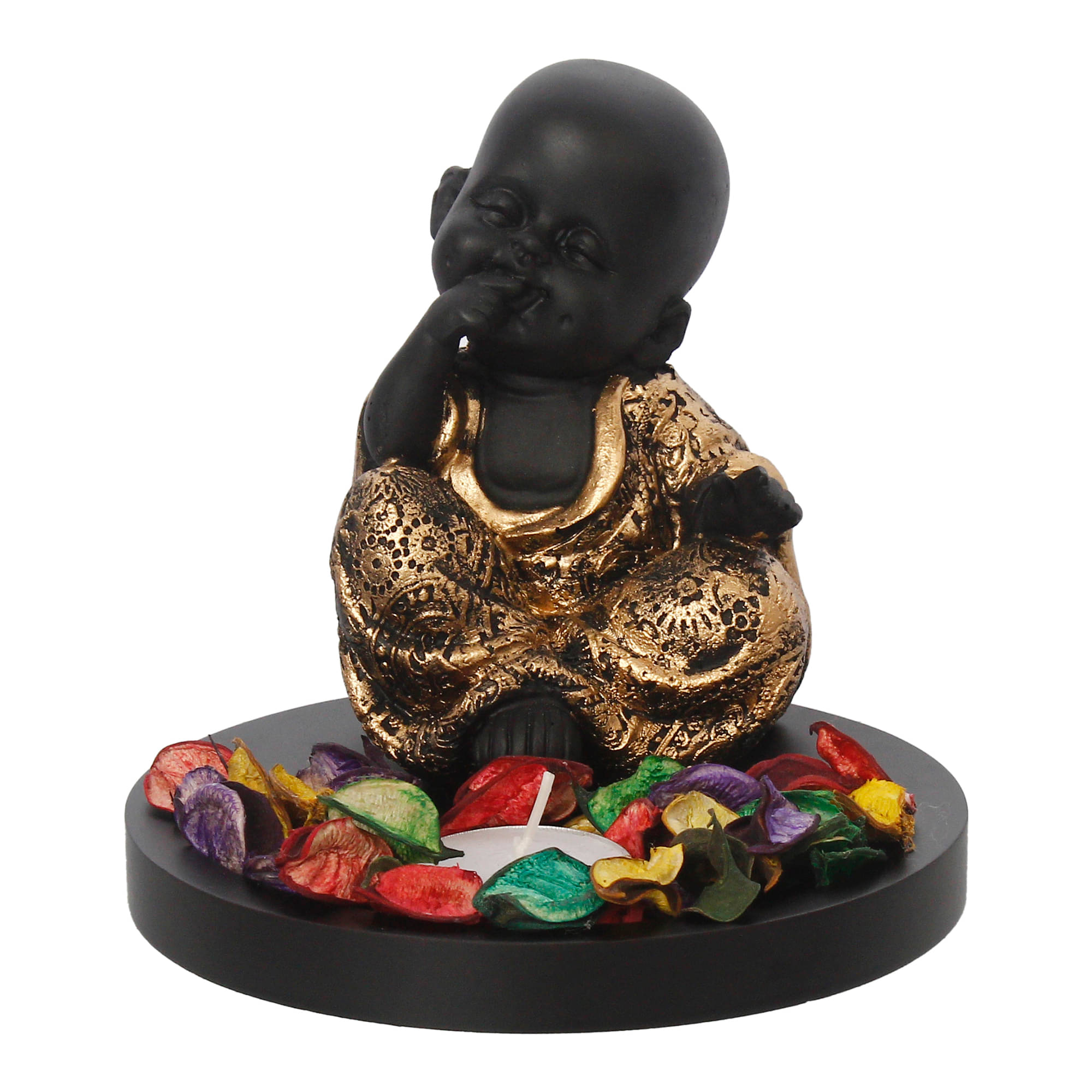 eCraftIndia Black & Gold Handcrafted Smiling Monk Buddha with Wooden Base, Fragranced Petals and Tealight     			eCraftIndia Black & Gold Handcrafted Smiling Monk Buddha with Wooden Base, Fragranced Petals and Tealight
