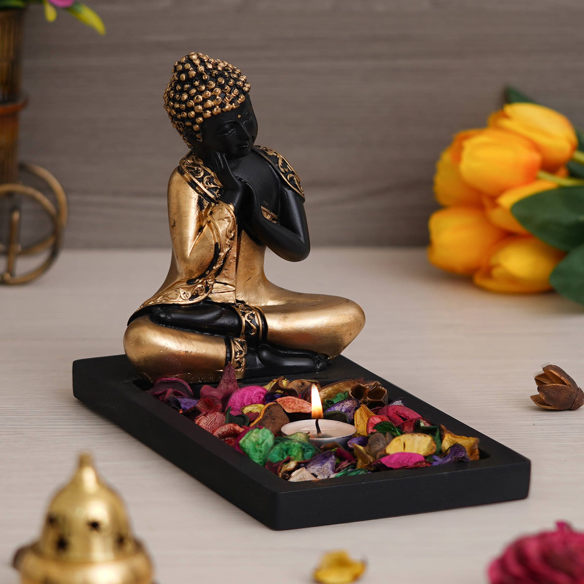 eCraftIndia Black & Gold-Toned Textured Gautam Buddha Showpieces With Tea-Light Holder eCraftIndia Black & Gold-Toned Textured Gautam Buddha Showpieces With Tea-Light Holder