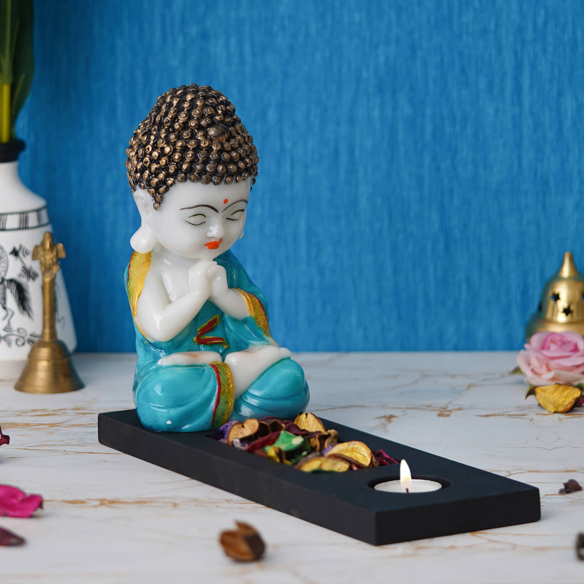 eCraftIndia Black & Blue Monk Buddha Idol with Tea Light Holder Showpiece eCraftIndia Black & Blue Monk Buddha Idol with Tea Light Holder Showpiece