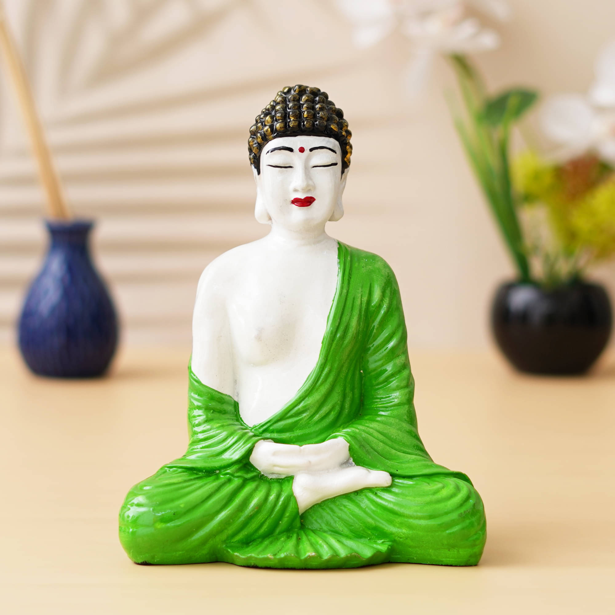     			eCraftIndia Green & White Polyresin Meditating Buddha Showpiece