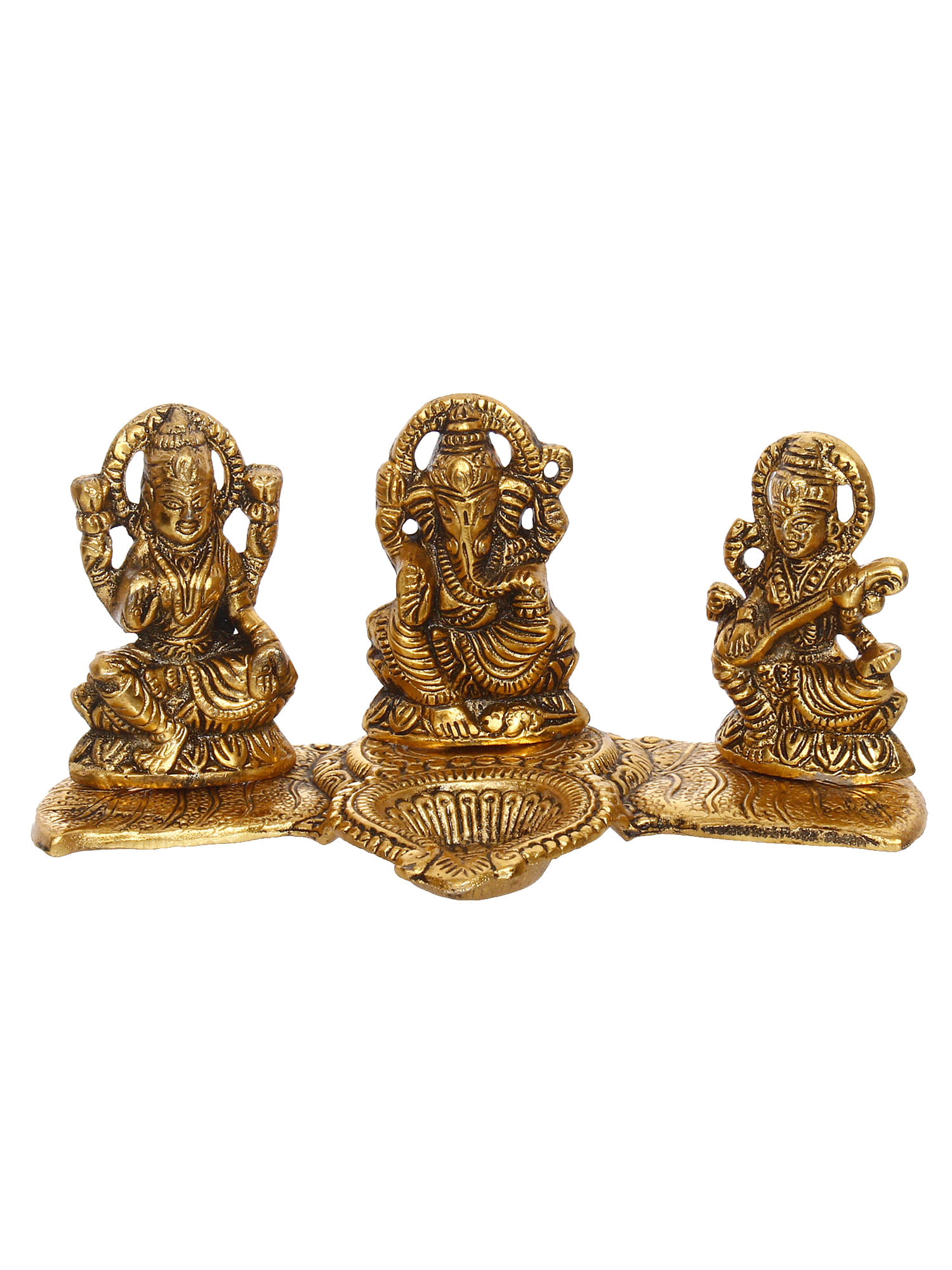     			eCraftIndia Gold-Toned Laxmi Ganesha With Diya On Leaf Chowki Handcrafted Metal Decorative Showpiece