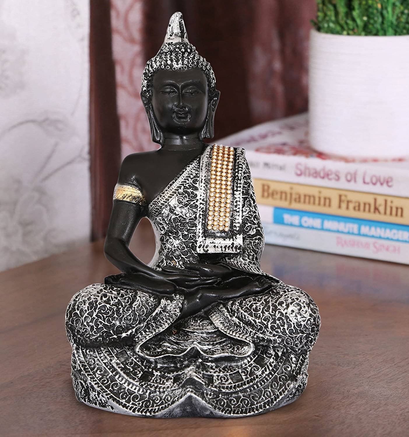     			eCraftIndia Silver-Toned & Black Handcrafted Decorative Meditating Buddha