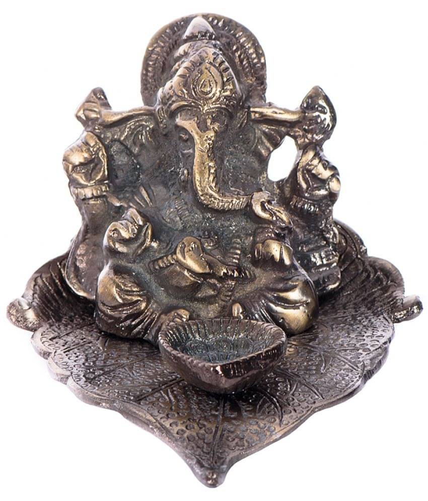     			eCraftIndia Multicolor Lord Ganesha with Diya on Leaf Handcrafted Metal Showpiece