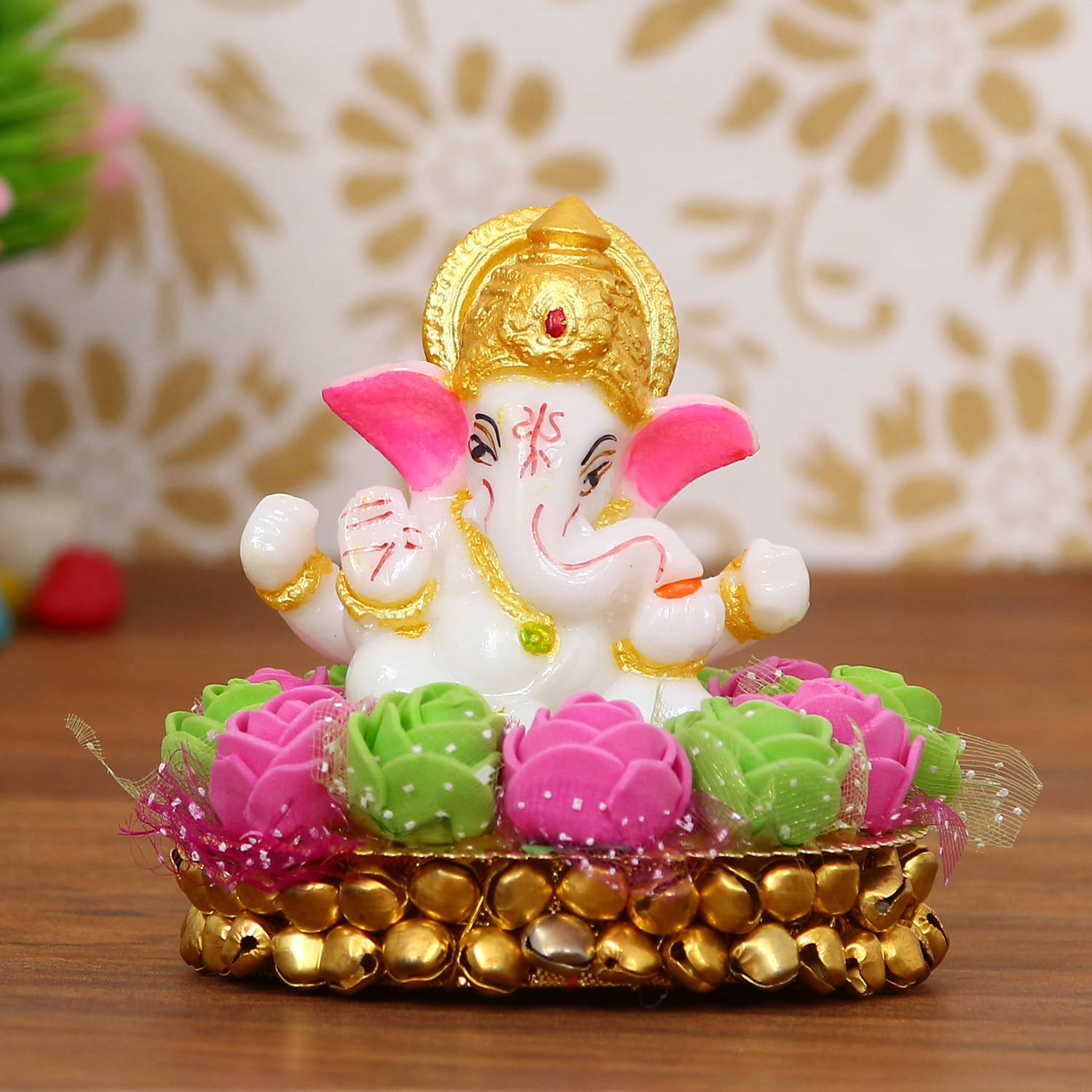     			eCraftIndia Pink & White Lord Ganesha Idol On Decorative Handcrafted Plate With Flowers Showpiece