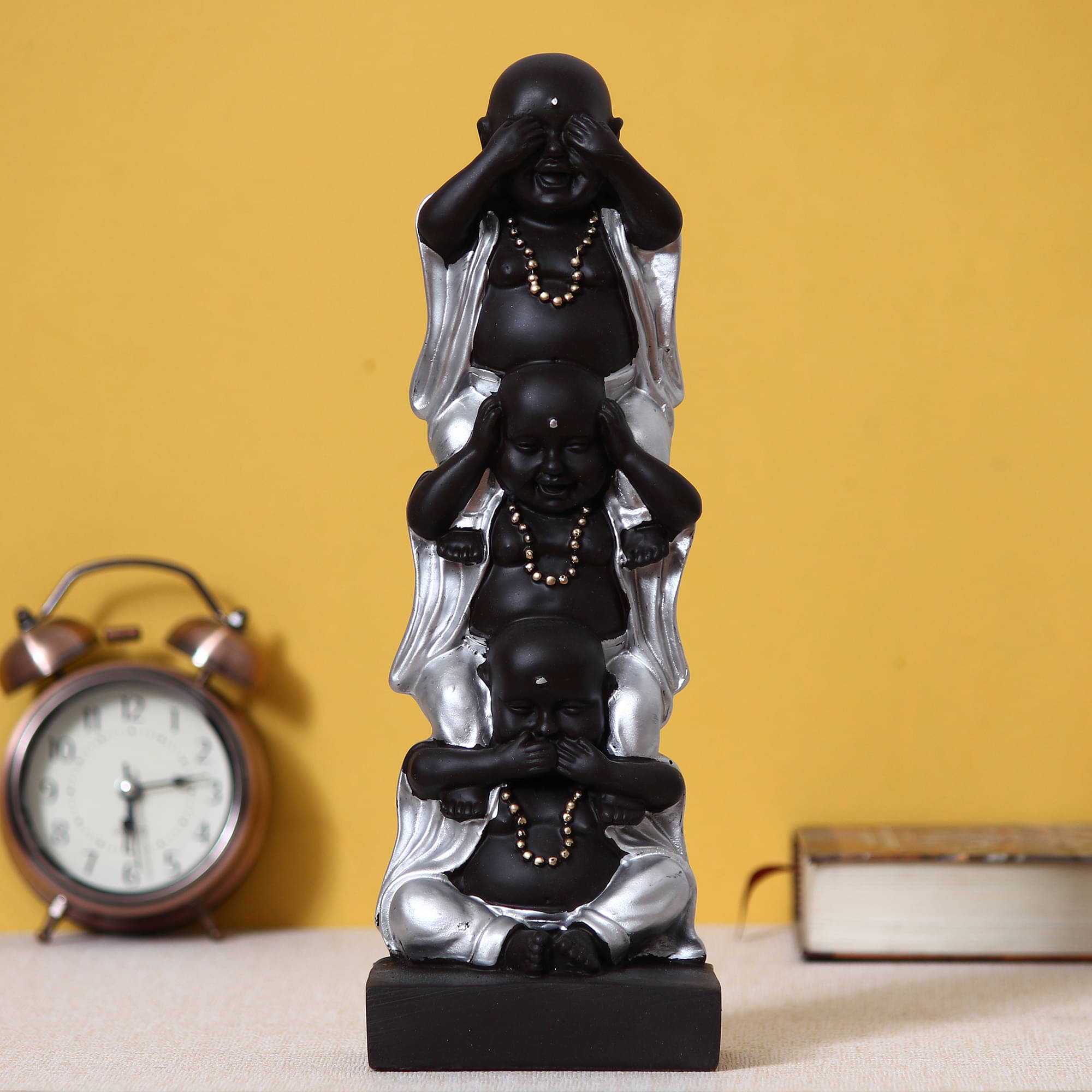 eCraftIndia Black And Silver Polyresin Set of 3 Little Monk Buddha Statues With 3 Wise Principles See No Evil, Speak No Evil, Hear No Evil     			eCraftIndia Black And Silver Polyresin Set of 3 Little Monk Buddha Statues With 3 Wise Principles See No Evil, Speak No Evil, Hear No Evil