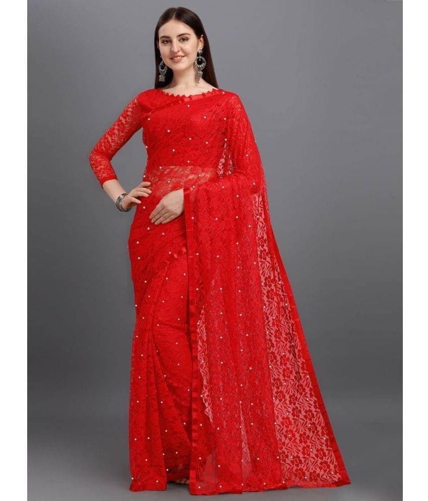     			VANRAJ CREATION Brasso Self Design Saree With Unstitched Blouse Piece ( Red )