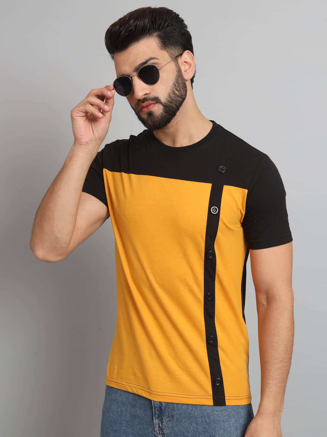 ZEBULUN Cotton Blend Regular Fit Colorblock Half Sleeves Men's T-Shirt - Mustard ( Pack of 1 )