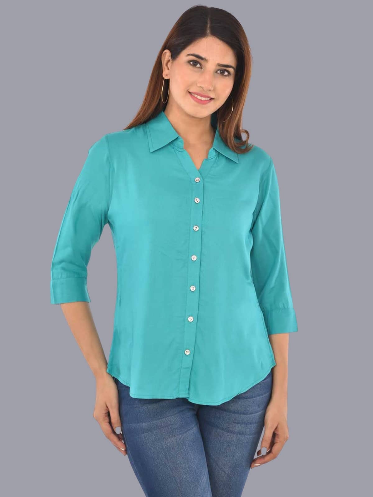 FABISHO Women Solid Rayon Shirt ( Blue )