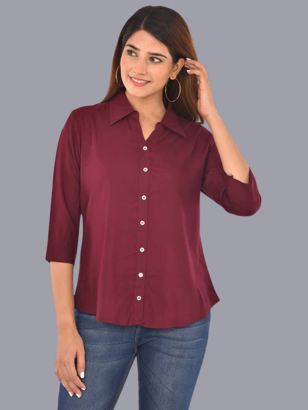 FABISHO Women Solid Rayon Shirt ( Wine )
