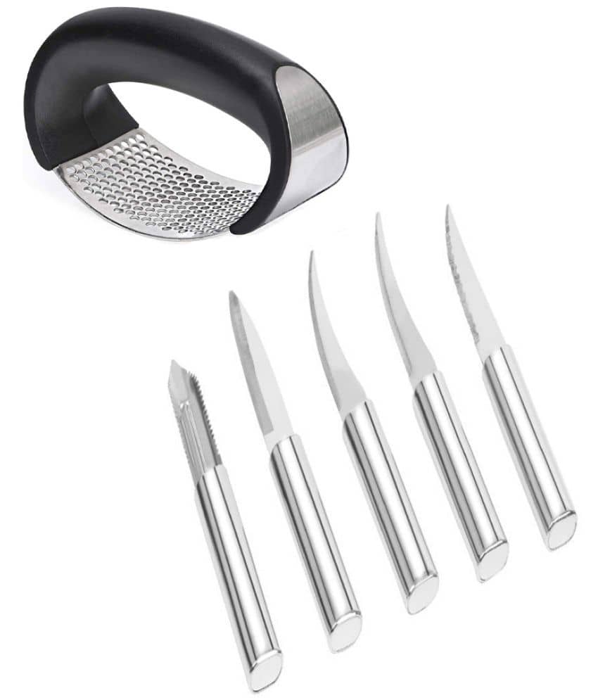 iview kitchenware Stainless Steel Garlic Press, Steel Knife With Peeler Set (6U)