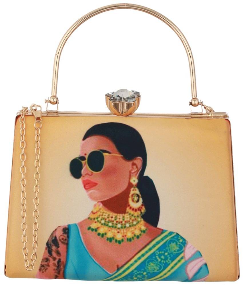     			Priyassi Yellow Metal Box Clutch