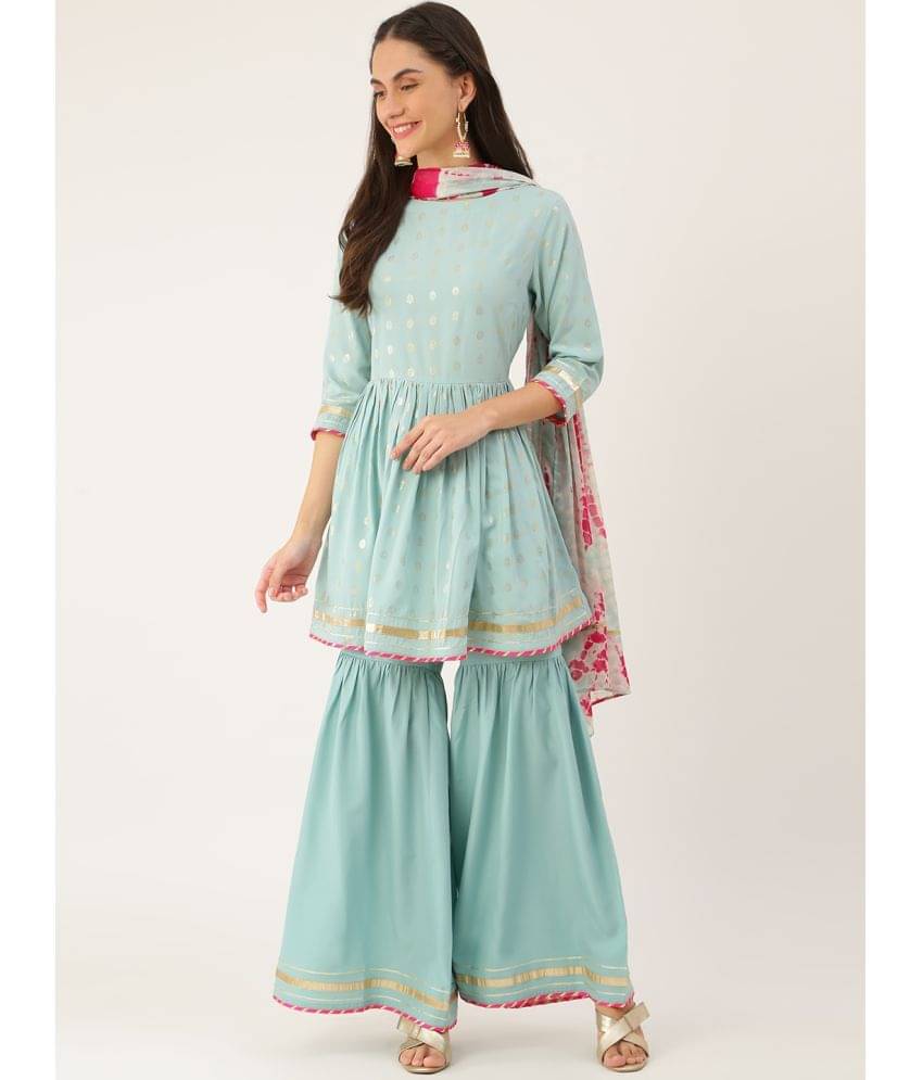     			THE FAB FACTORY Crepe Printed Kurti With Sharara And Gharara Women's Stitched Salwar Suit - Light Blue ( Pack of 1 )