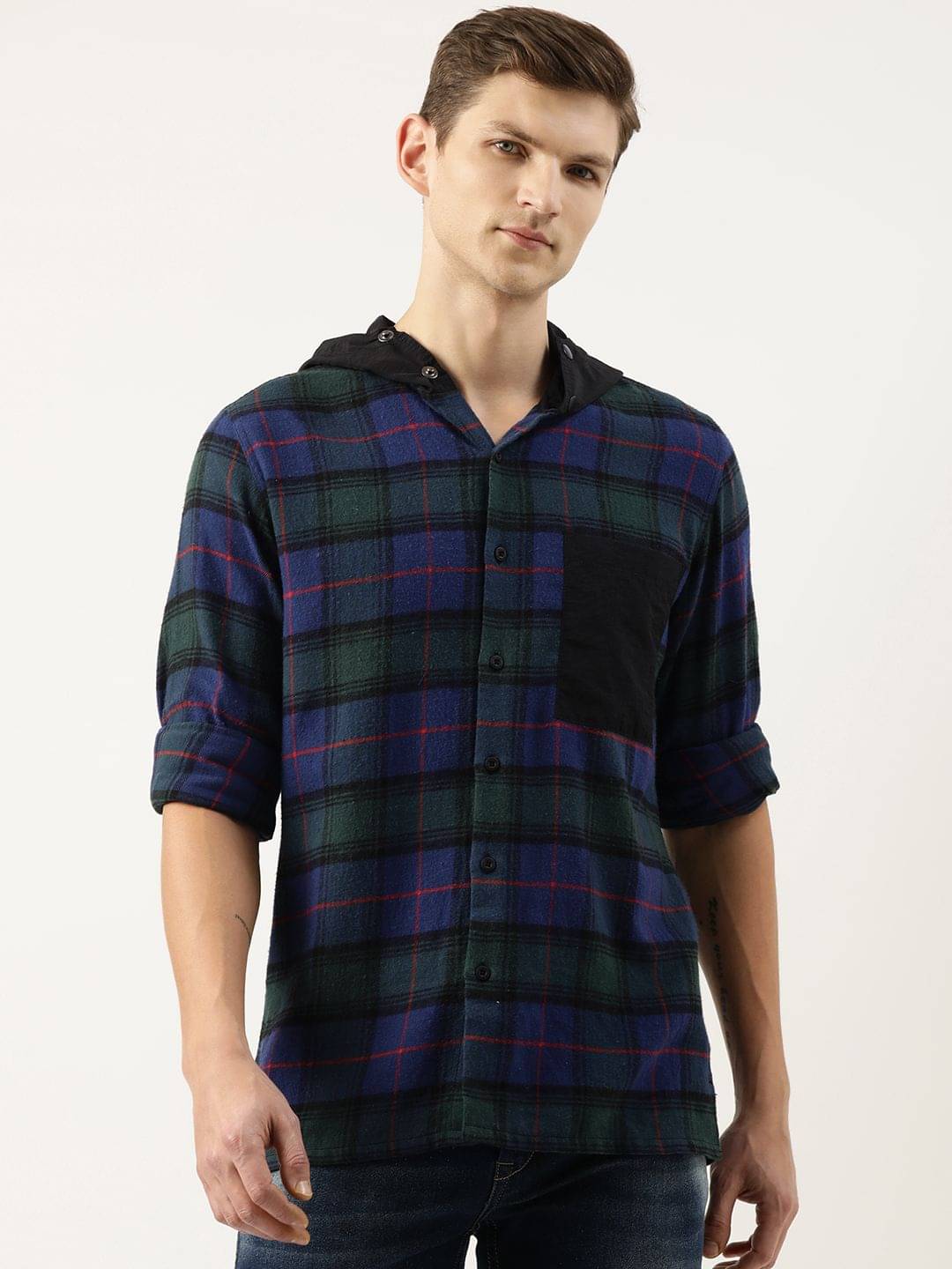     			Bene Kleed Men Checked Pure Cotton Hooded Casual Shirt