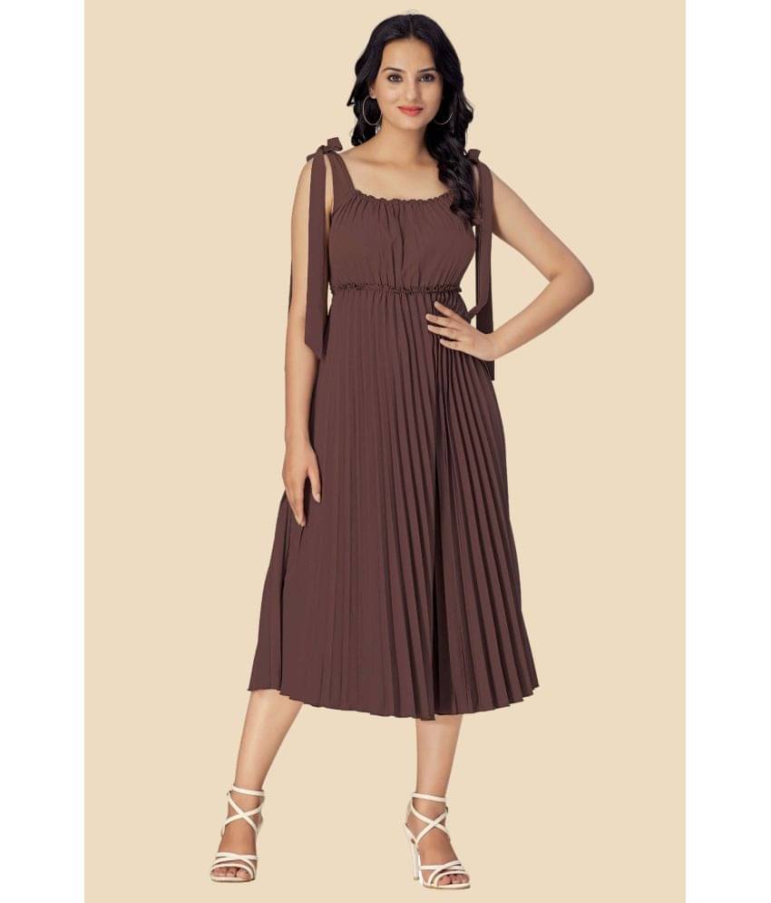 Glomee Women Crepe Solid Fit & Flare Dress ( Brown ) Glomee Women Crepe Solid Fit & Flare Dress ( Brown )