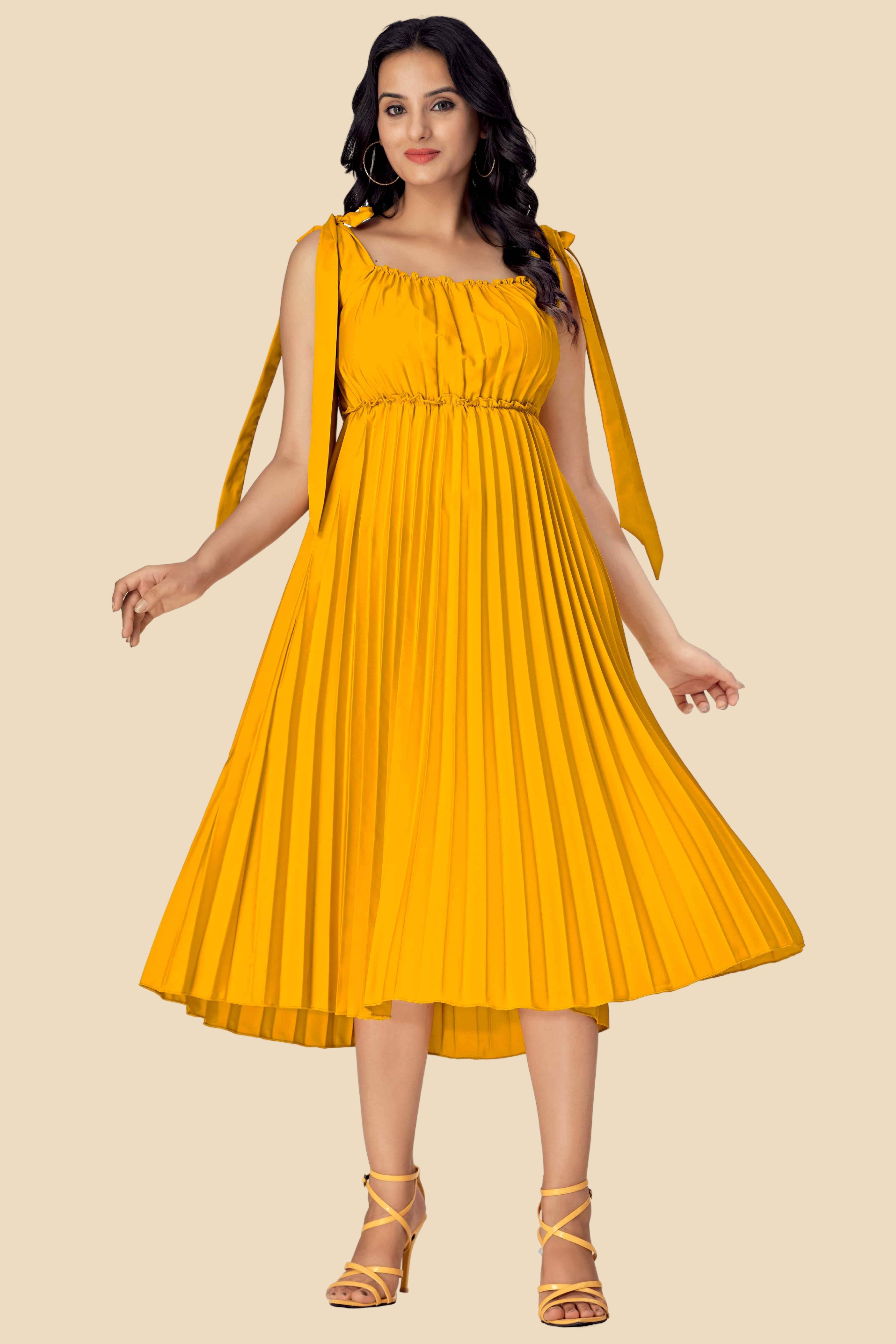 Glomee Women Crepe Solid Fit & Flare Dress ( Yellow ) Glomee Women Crepe Solid Fit & Flare Dress ( Yellow )