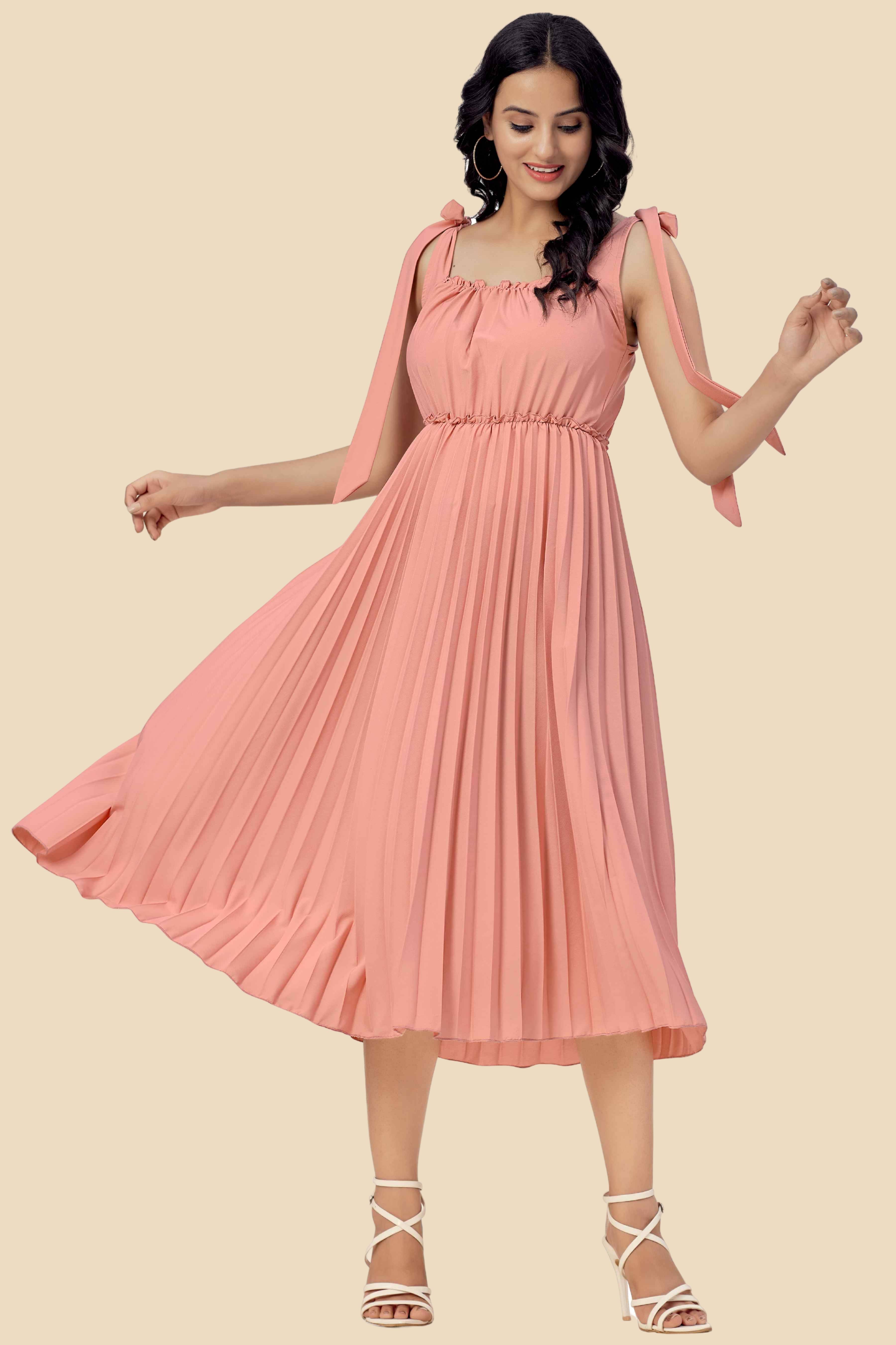 Glomee Women Crepe Solid Fit & Flare Dress ( Peach ) Glomee Women Crepe Solid Fit & Flare Dress ( Peach )