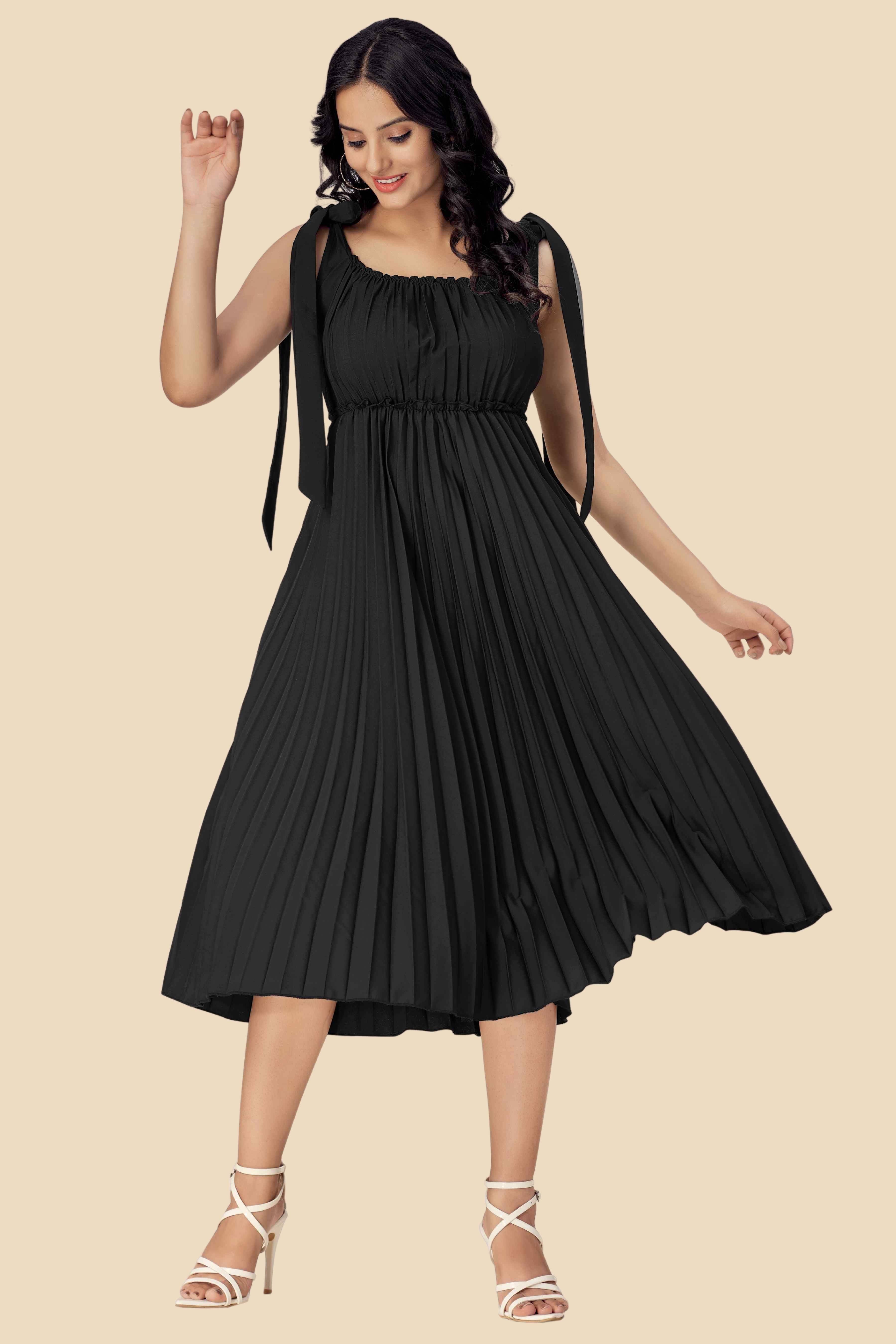 Glomee Women Crepe Solid Fit & Flare Dress ( Black ) Glomee Women Crepe Solid Fit & Flare Dress ( Black )
