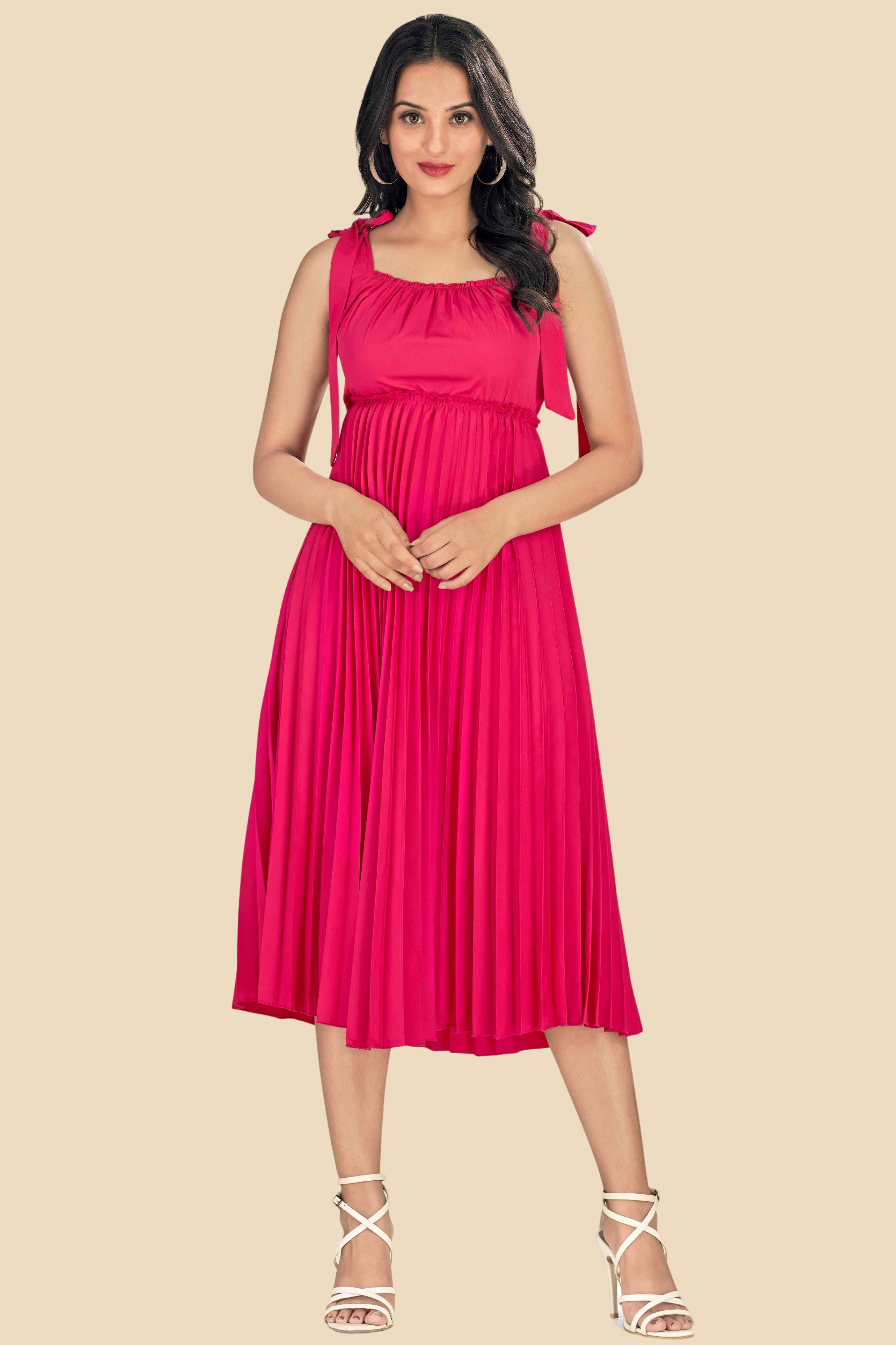 Glomee Women Crepe Solid Fit & Flare Dress ( Pink ) Glomee Women Crepe Solid Fit & Flare Dress ( Pink )