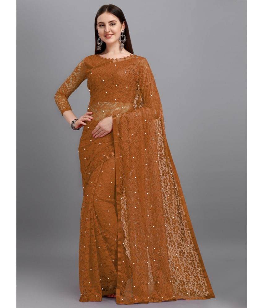 Indy Bliss Net Self Design Saree With Unstitched Blouse Piece ( Brown ) Indy Bliss Net Self Design Saree With Unstitched Blouse Piece ( Brown )