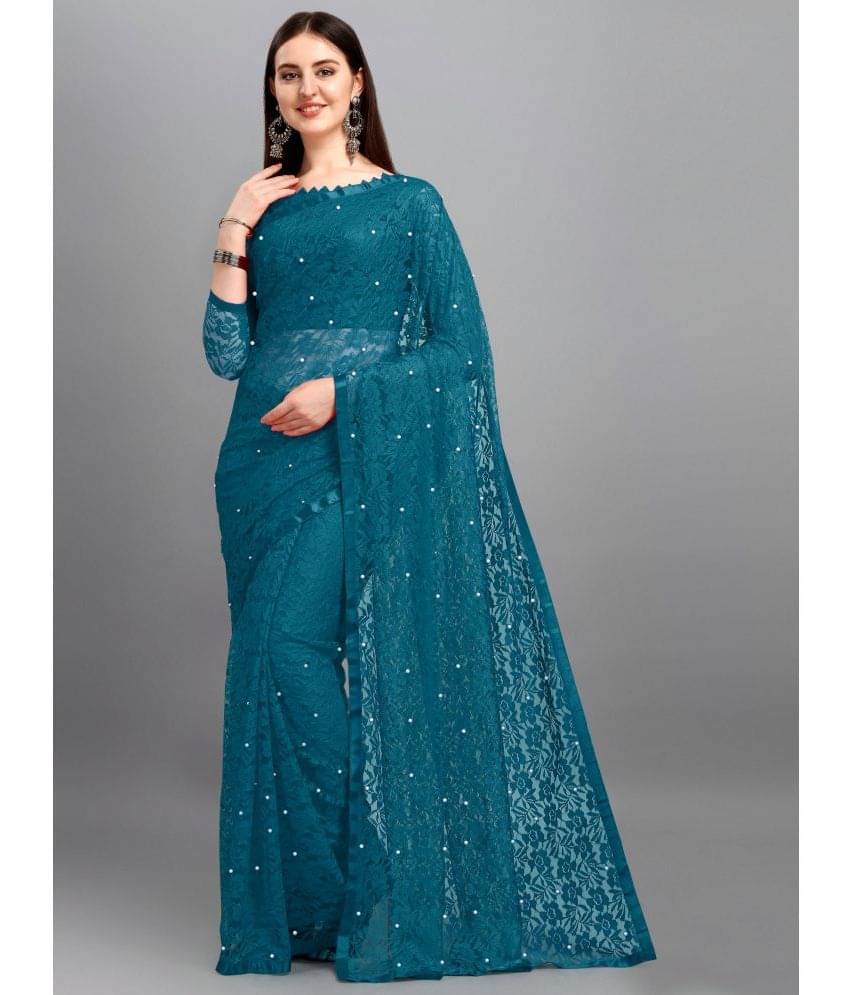     			Indy Bliss Net Self Design Saree With Unstitched Blouse Piece ( Teal )