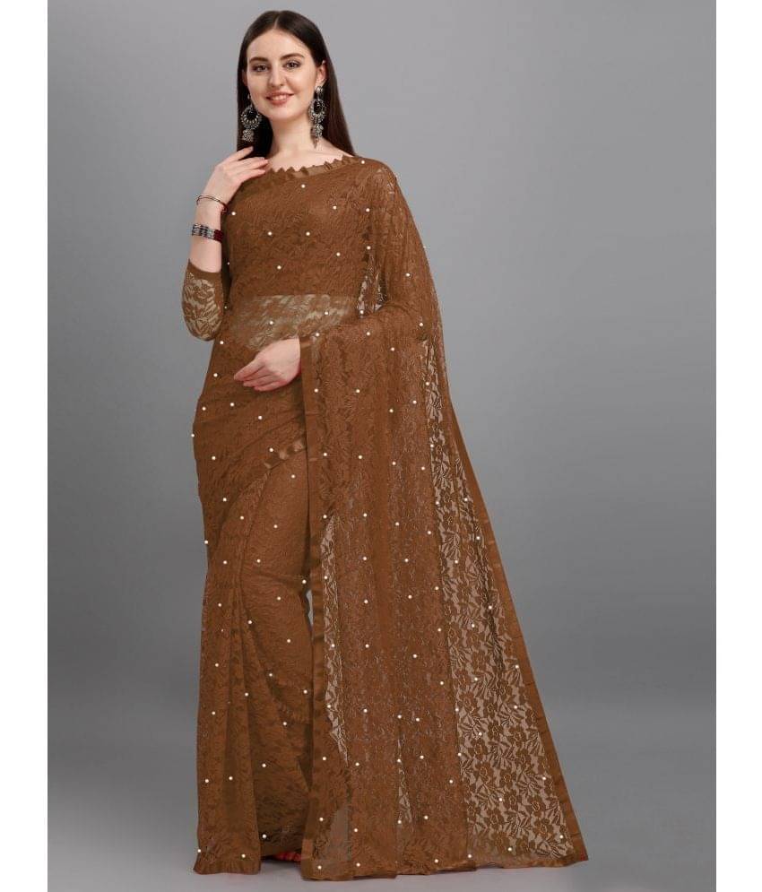     			Indy Bliss Net Self Design Saree With Unstitched Blouse Piece ( Brown )