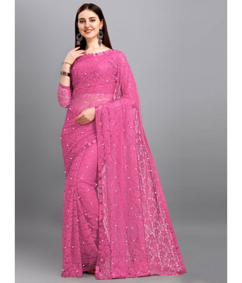     			Indy Bliss Net Self Design Saree With Unstitched Blouse Piece ( Pink )