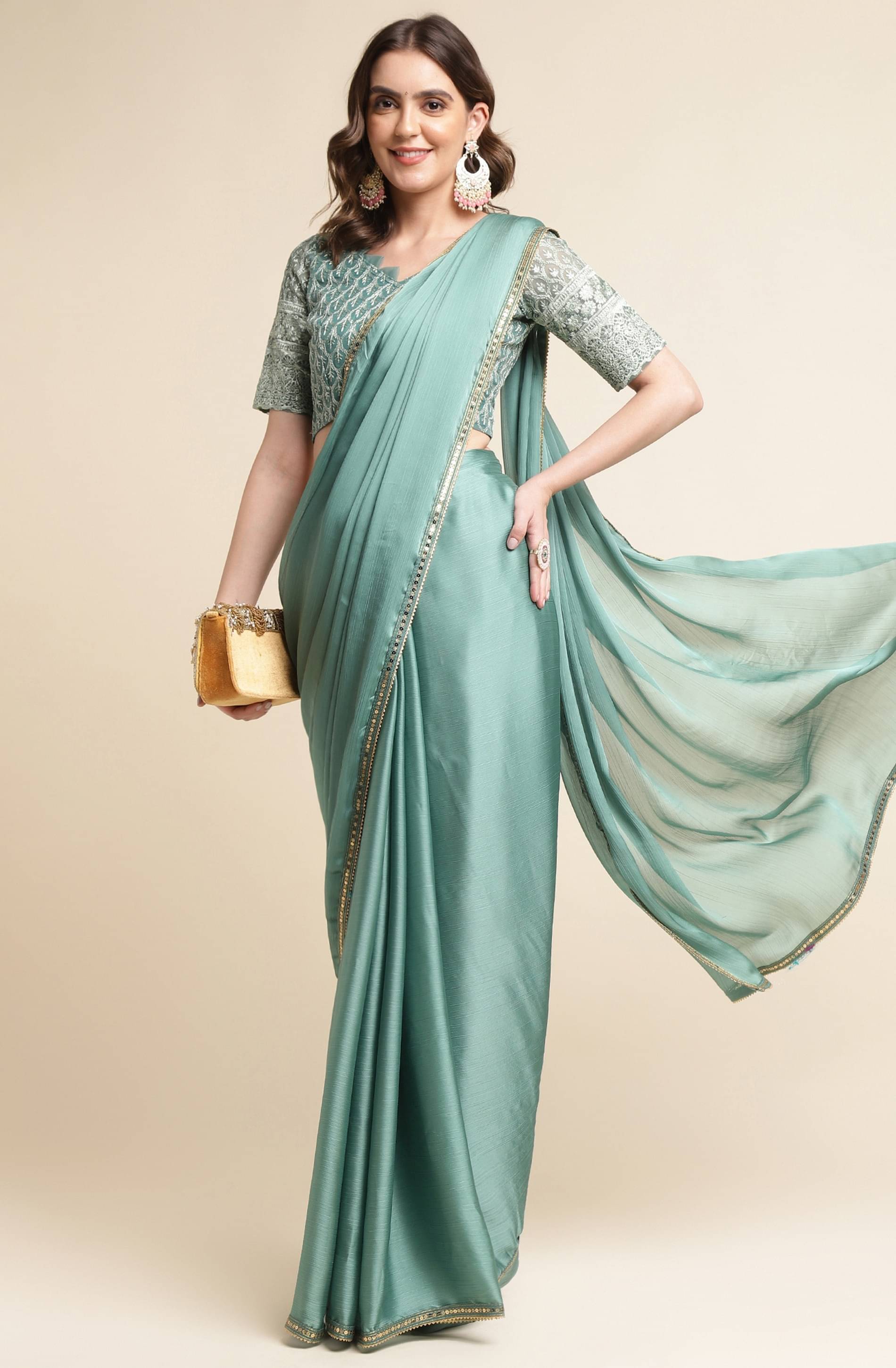 Rekha Maniyar Chiffon Solid Saree With Unstitched Blouse Piece ( Teal ) Rekha Maniyar Chiffon Solid Saree With Unstitched Blouse Piece ( Teal )