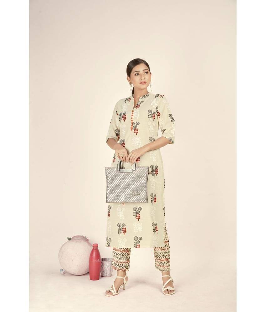 THE FAB FACTORY Rayon Printed Kurti With Pants Women's Stitched Salwar Suit - Beige ( Pack of 1 ) THE FAB FACTORY Rayon Printed Kurti With Pants Women's Stitched Salwar Suit - Beige ( Pack of 1 )