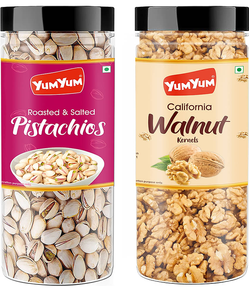YUM YUM Dry Fruits Combo Roasted Pista 150g, Akhrot Giri 150g Jar Each - Pistachios, Walnuts