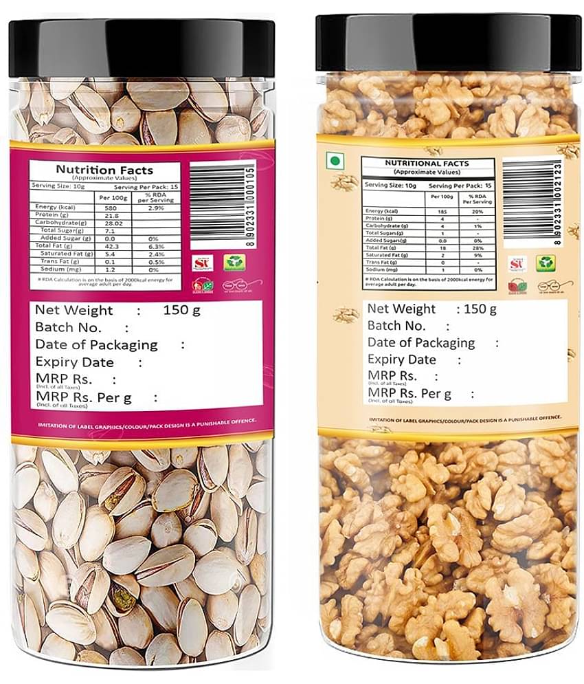 YUM YUM Dry Fruits Combo Roasted Pista 150g, Akhrot Giri 150g Jar Each - Pistachios, Walnuts
