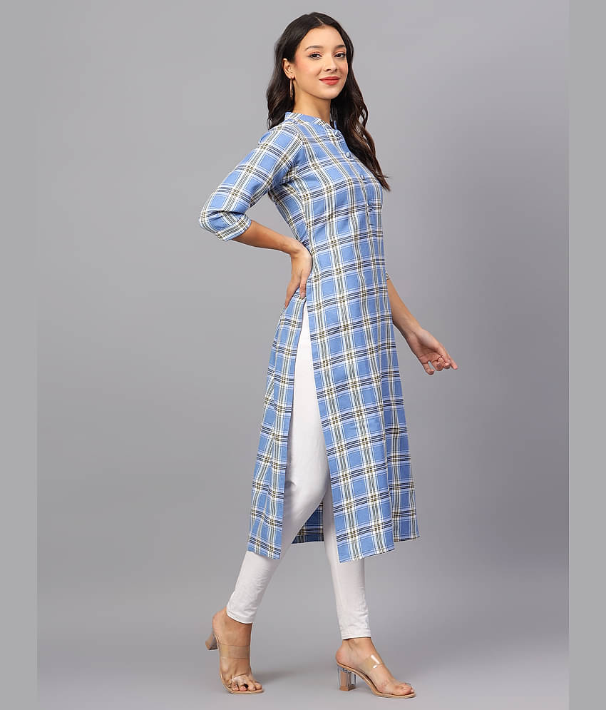 ZARISTAA Cotton Checks Straight Women's Kurti - Light Blue ( Pack of 1 )