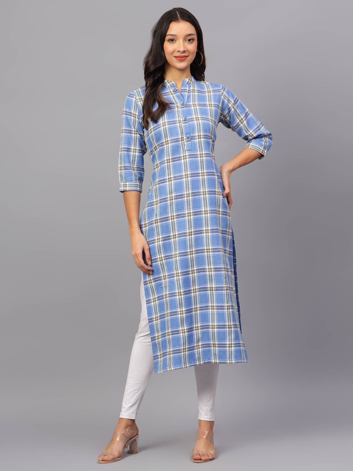 ZARISTAA Cotton Checks Straight Women's Kurti - Light Blue ( Pack of 1 ) ZARISTAA Cotton Checks Straight Women's Kurti - Light Blue ( Pack of 1 )