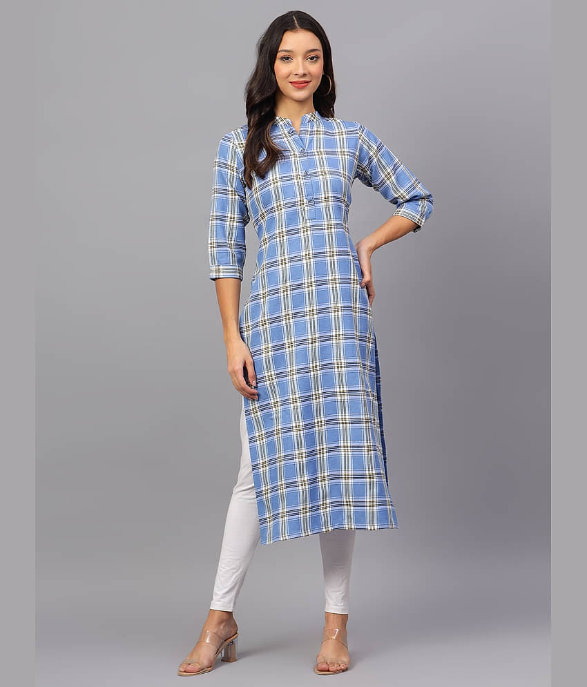 ZARISTAA Cotton Checks Straight Women's Kurti - Light Blue ( Pack of 1 )