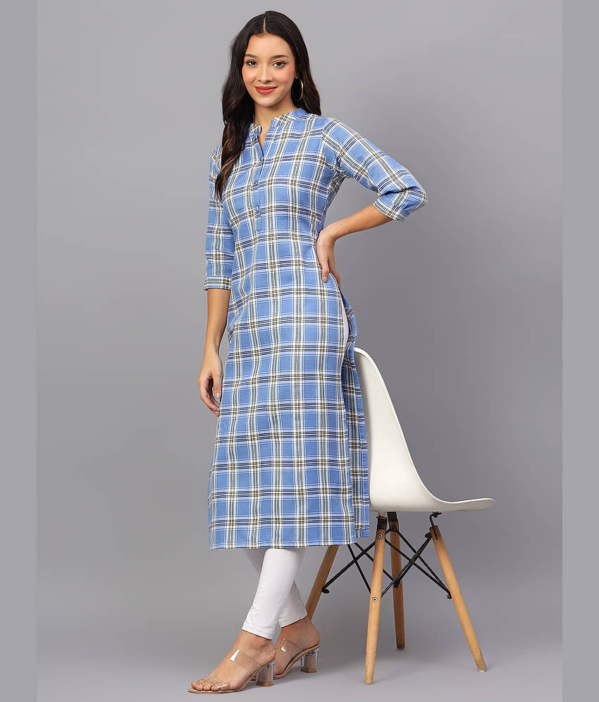 ZARISTAA Cotton Checks Straight Women's Kurti - Light Blue ( Pack of 1 )