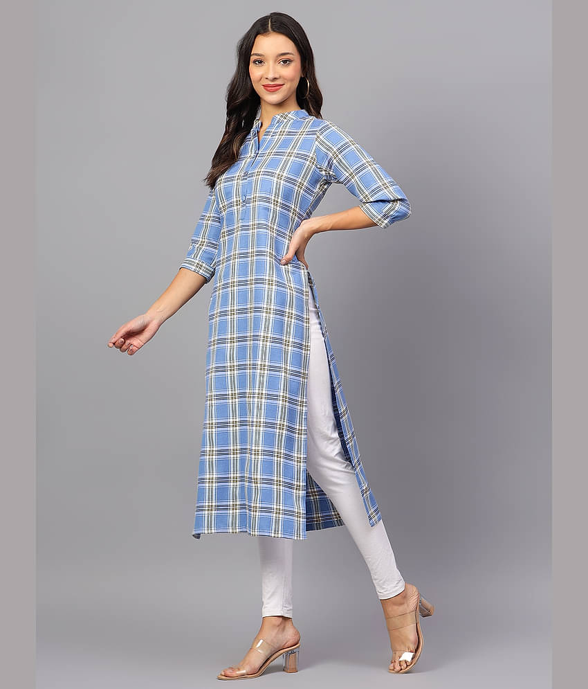 ZARISTAA Cotton Checks Straight Women's Kurti - Light Blue ( Pack of 1 )