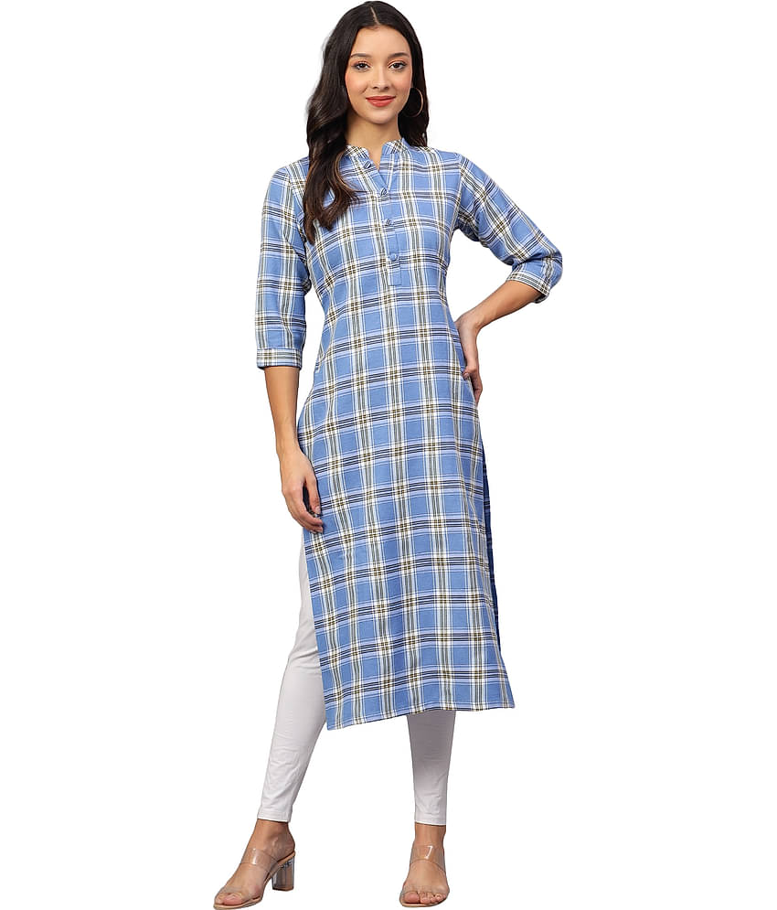 ZARISTAA Cotton Checks Straight Women's Kurti - Light Blue ( Pack of 1 )