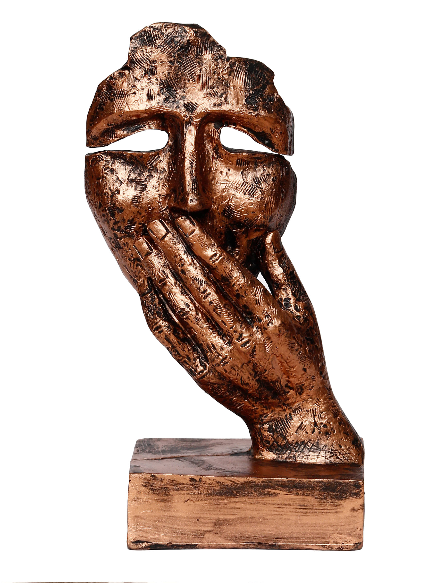     			eCraftIndia Copper-Toned Handcrafted Rustic Look Human Face With Hands On Mouth Showpiece