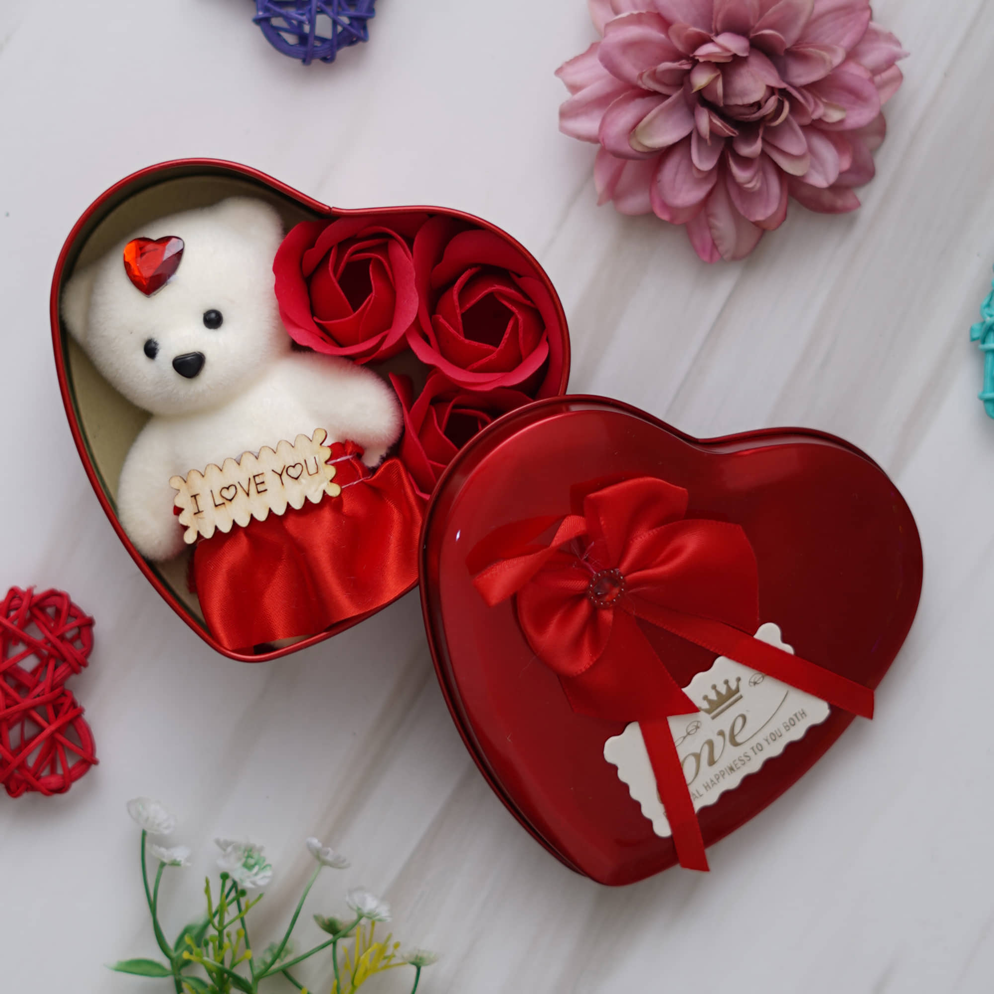 eCraftIndia Red & White Heart Shaped Valentine Gift Box With Teddy and Flowers