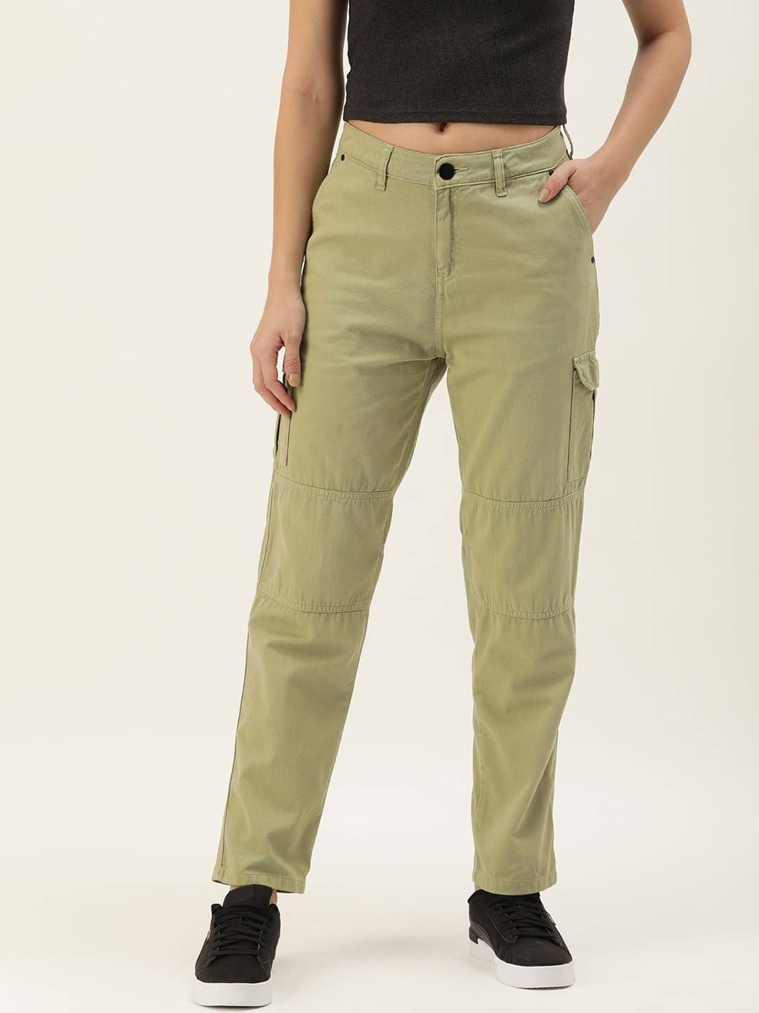     			Women Green Herb Slim Fit Solid Cargo Trousers