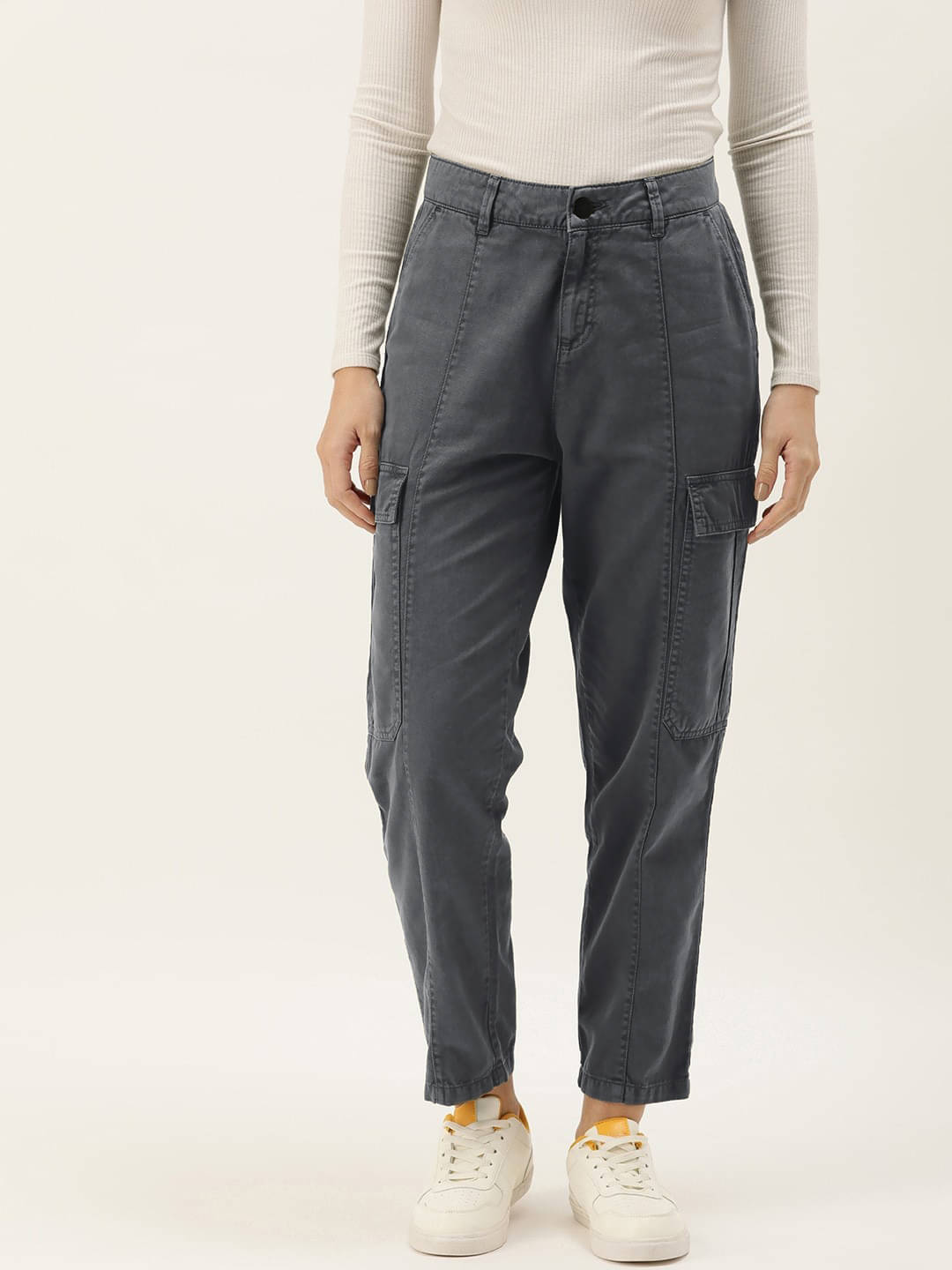     			Women Iron Grey Regular Fit Paneled Solid Cargo Trousers